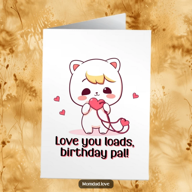 Funny Free Printable birthday card: A kawaii character with big eyes comically presenting a hopelessly tangled string representing a heart.