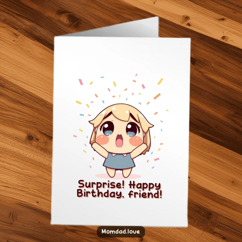 Funny free printable birthday card: a character looks surprised and happy as colorful confetti rains down.
