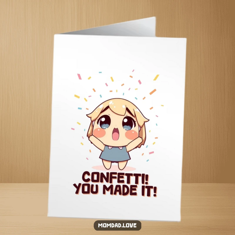 Funny free printable congratulations card: a character gazes upward in joyful surprise as confetti falls.