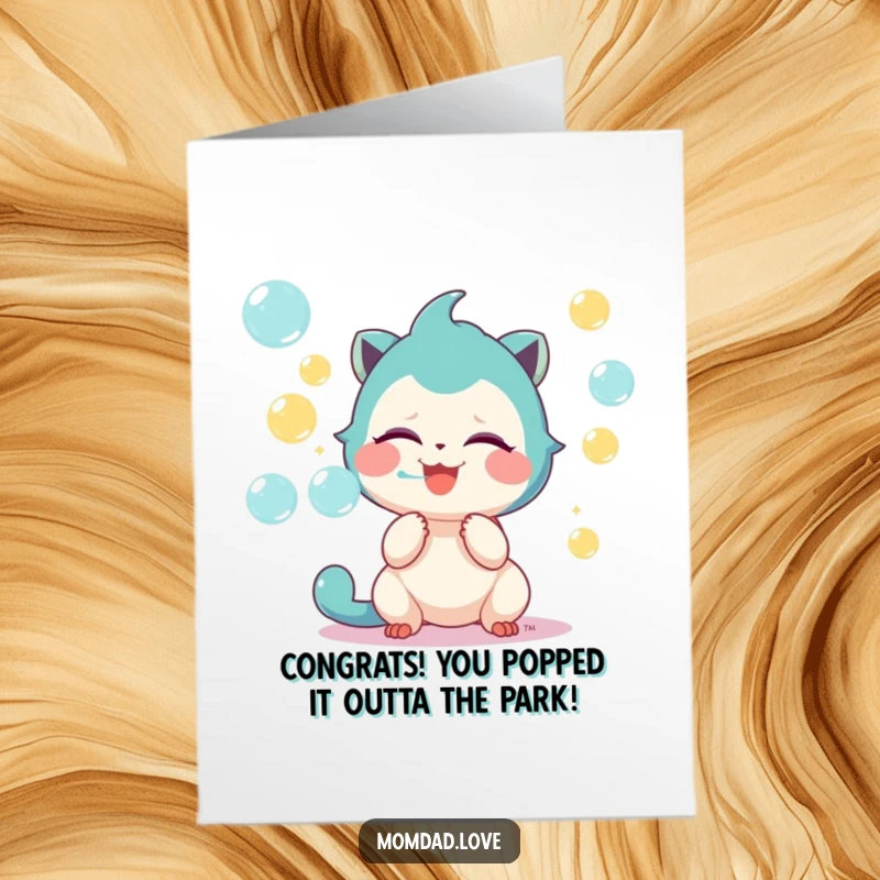Funny Free Printable Congratulations Card featuring a cute creature giggling, blowing colorful bubbles for a joyous and humorous celebration.