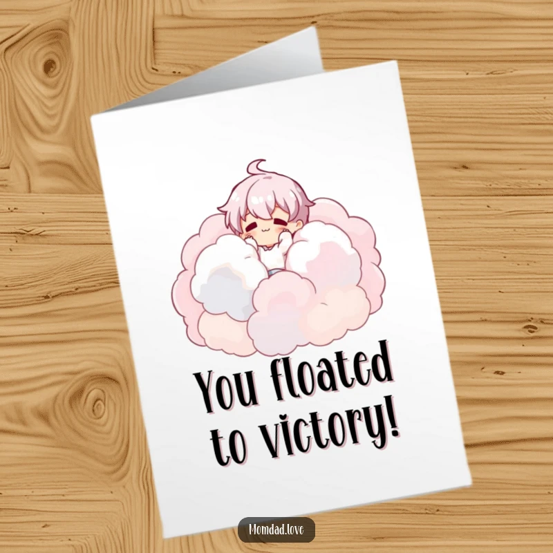 Funny Free Printable Congratulations Card showing a character accidentally falling into a plush, dreamy cloud formation.