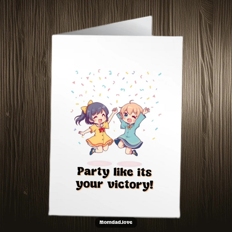 Free Printable Congratulations Card: Two joyful anime characters dancing energetically under a cascade of confetti, spreading celebratory vibes.