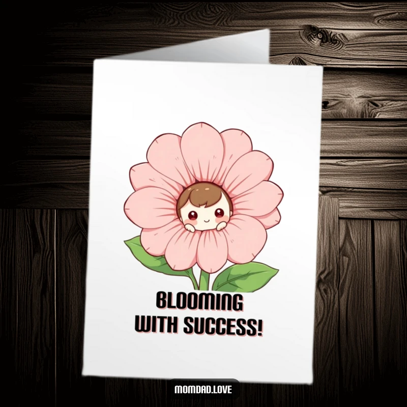 Funny Free Printable Congratulations Card: Curious character emerges from behind a giant, grinning flower, celebrating good news.