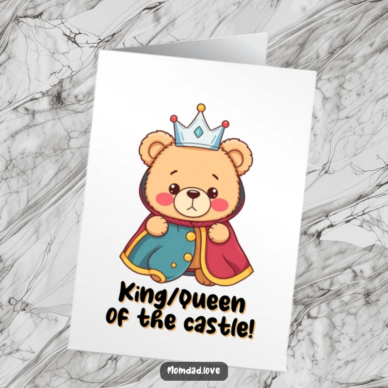 Funny Free Printable Congrats Card: A bewildered teddy bear, crowned and robed, celebrates an unexpected win.