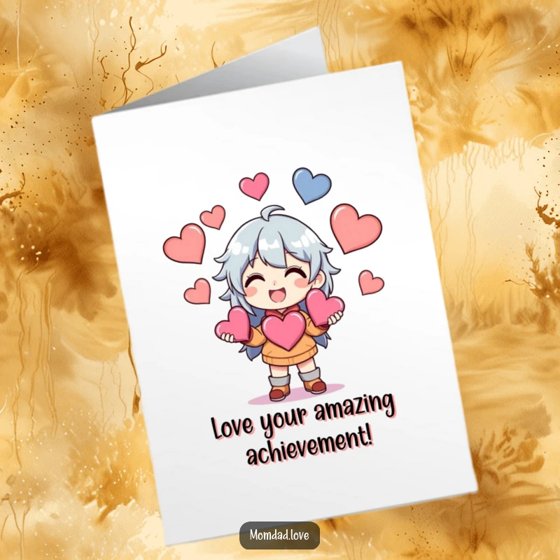Free printable congratulations card featuring an anime character smiling as they juggle multiple bright hearts.