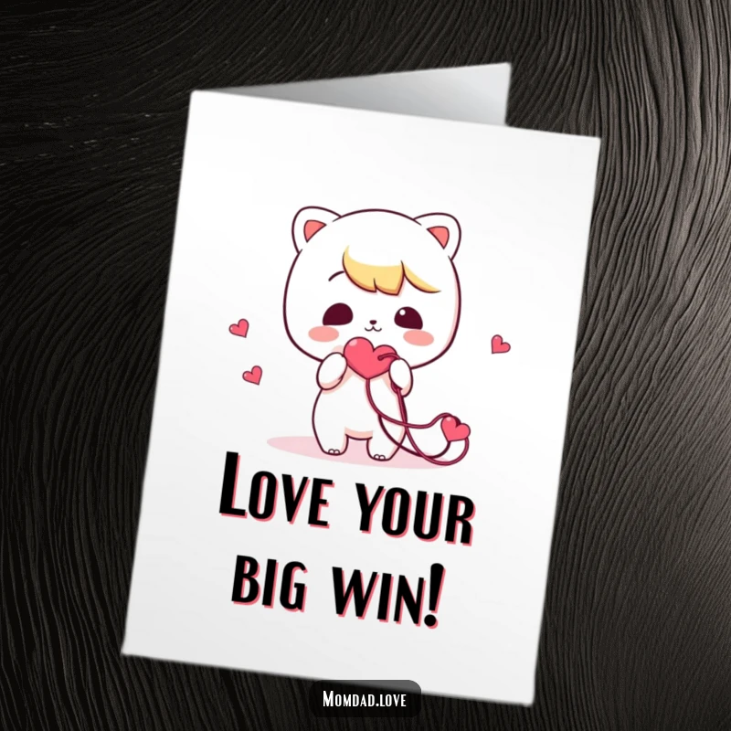 Free Printable congratulations card: A cute kawaii character comically offering a messy, tangled heart string, celebrating love or a new beginning.