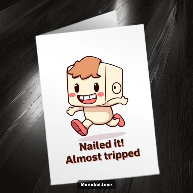 Funny Free Printable Congratulations Card: A small blocky character with a wide grin playfully trips while running, celebrating success with humor.