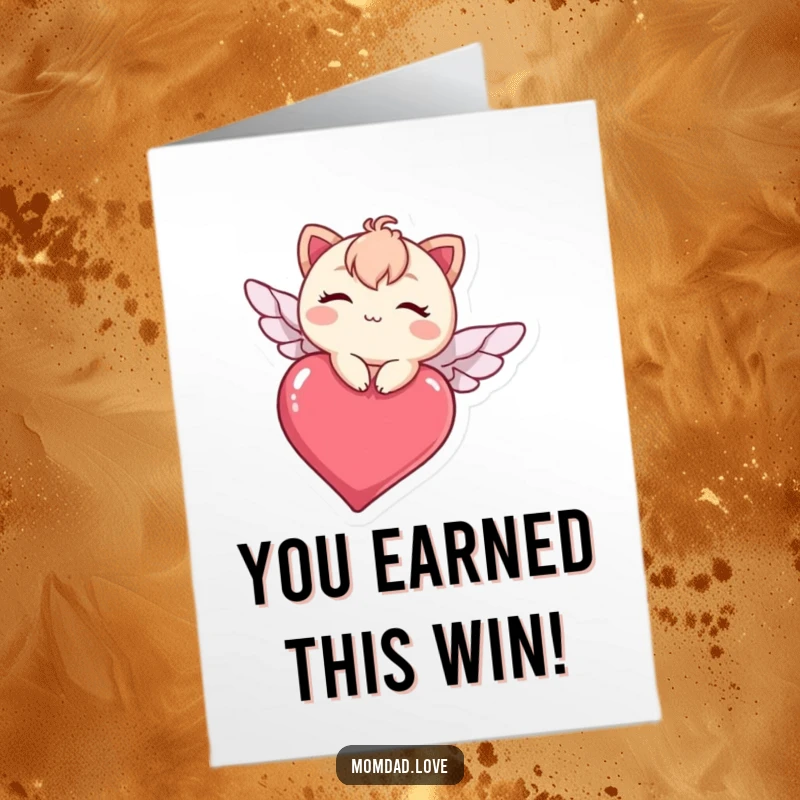 Funny free printable congratulations card showing a cute kawaii character winking as it flies on a heart.