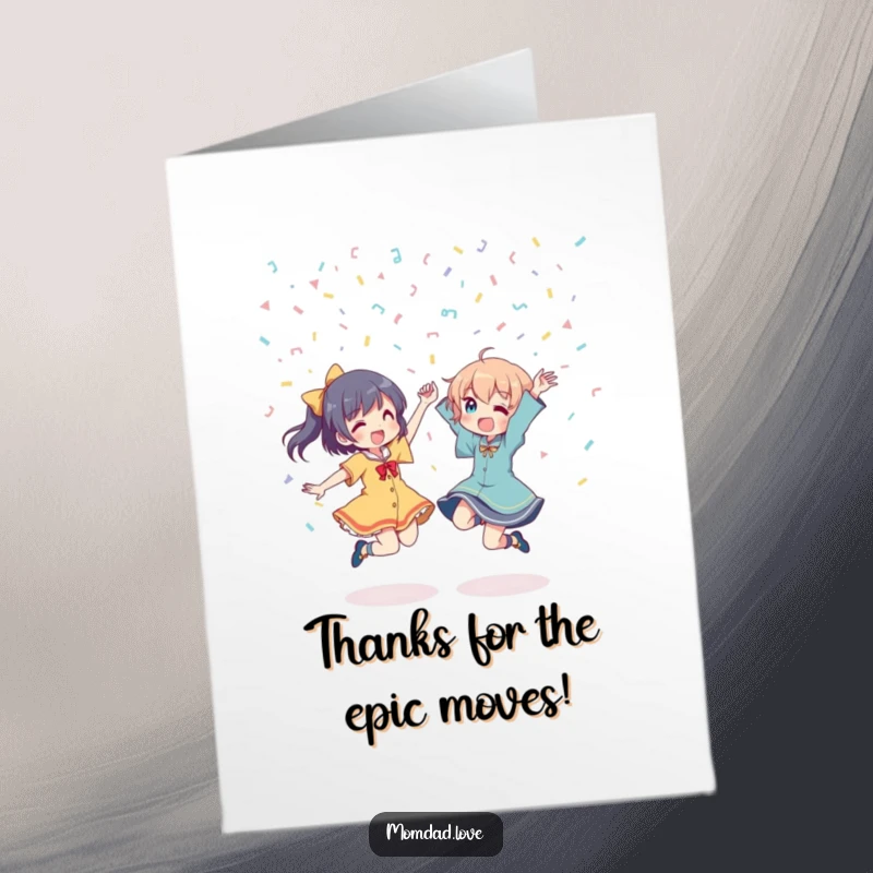 Funny Free Printable Thank You Card: Two anime characters joyfully dancing under confetti, a vibrant expression of gratitude.