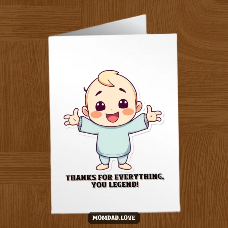Funny Free Printable Thank You Card with a cheerful character striking a goofy pose, arms outstretched, expressing thanks hilariously.