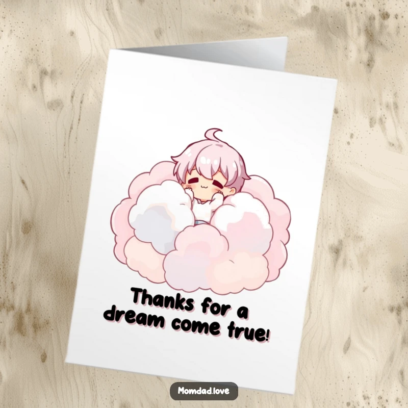 Funny Free Printable Thank You Card of a character tumbling blissfully into a pillow-soft pile of fluffy clouds.