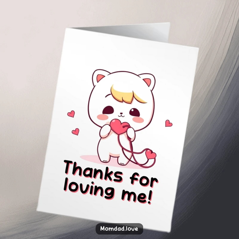 Funny Free Printable thank you card: A sweet kawaii character comically holding out a hopelessly tangled ball of heart-shaped string.
