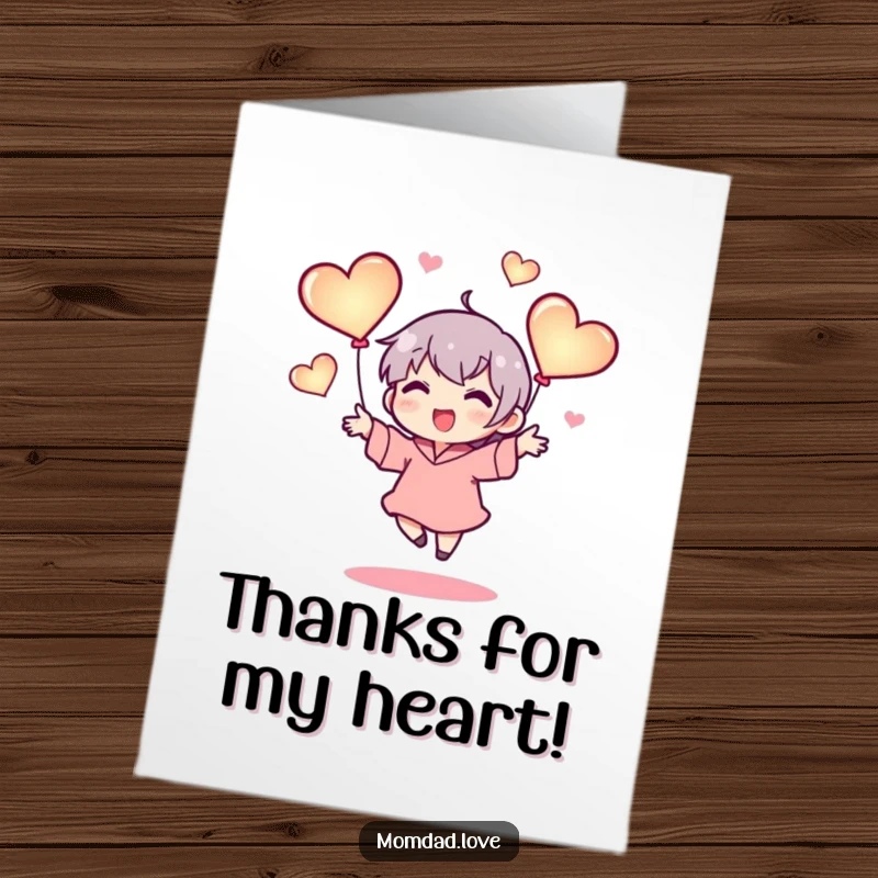 Loving Free Printable Thank You Card: Tiny character happily juggling three glowing hearts, expressing sincere and warm gratitude.