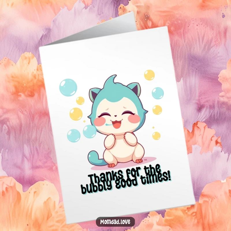 Funny Free Printable Thank You Card with a cute creature giggling and blowing colorful bubbles, expressing thanks in a lighthearted way.