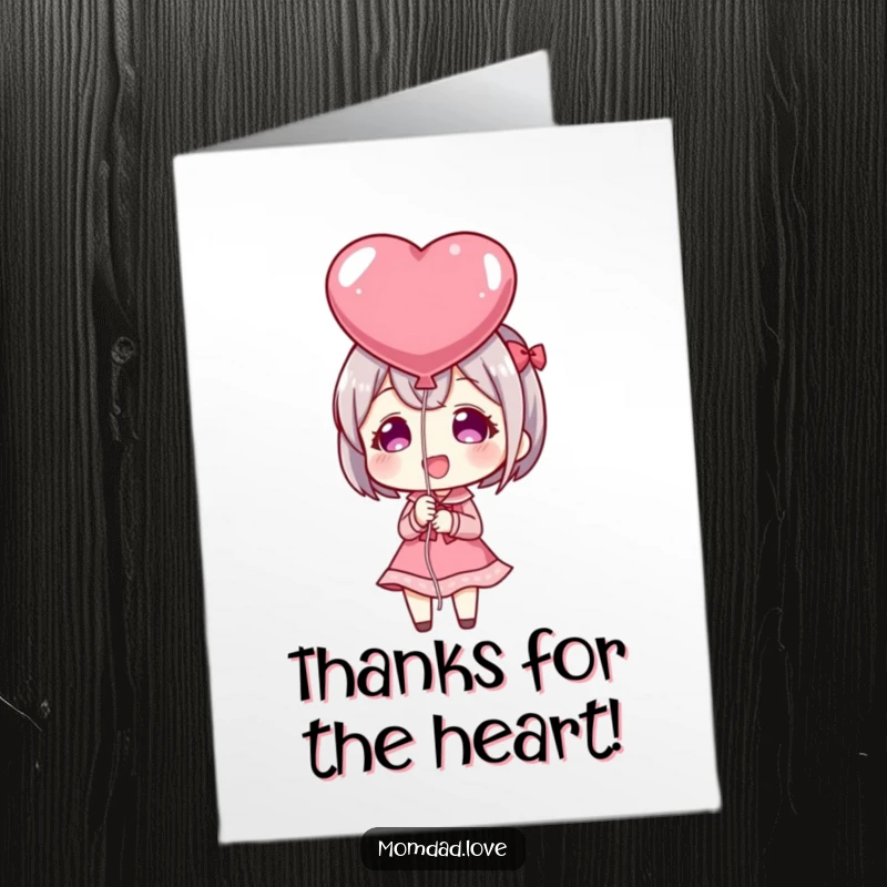 Funny Free Printable Thank You Card: An anime character holds a heart-shaped balloon, radiating happiness and thankfulness.