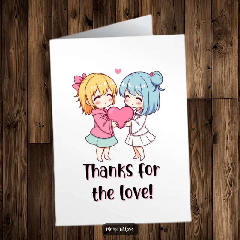 Free Printable Thank You Card: Two anime characters in a loving circle, adorned with charming hearts, saying thank you.