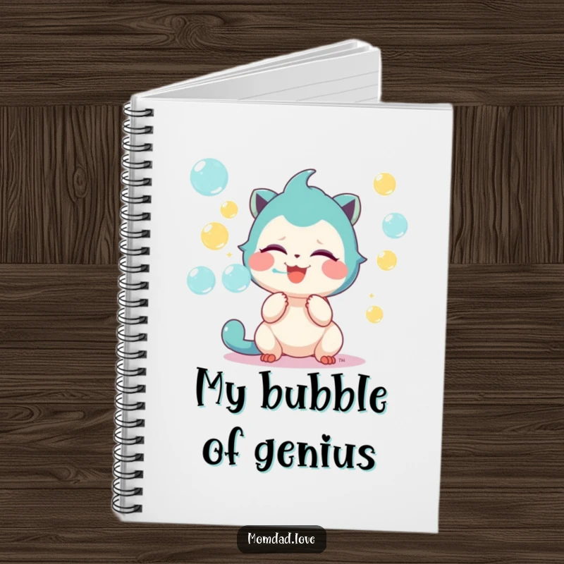 Funny notebook with a cute creature joyfully giggling and blowing a captivating stream of diverse, colorful bubbles across the cover.