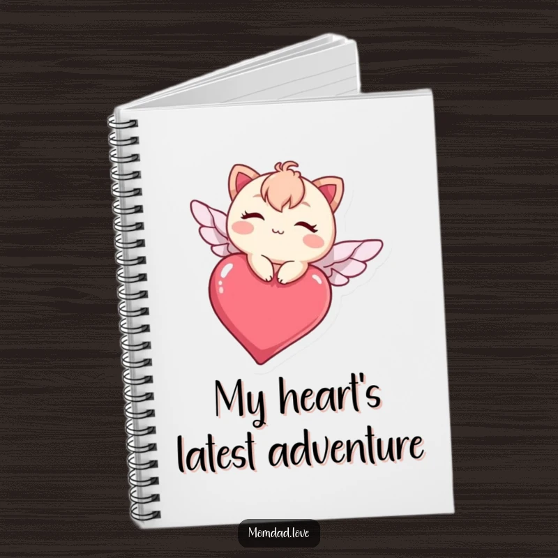 Funny kawaii character winking while flying on a heart, a cute and humorous notebook for jotting down thoughts.