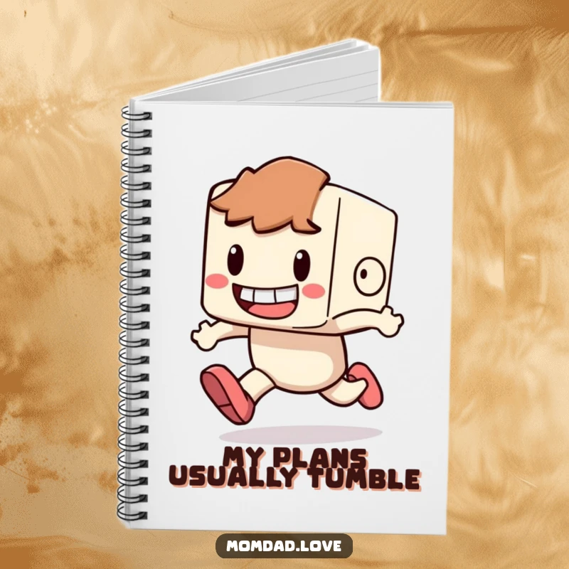 Funny Notebook cover with a blocky character grinning widely as they hilariously trip while running.