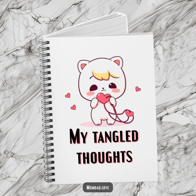 Funny Notebook: Cover features a kawaii character comically holding a tangled heart string, ideal for journaling love.