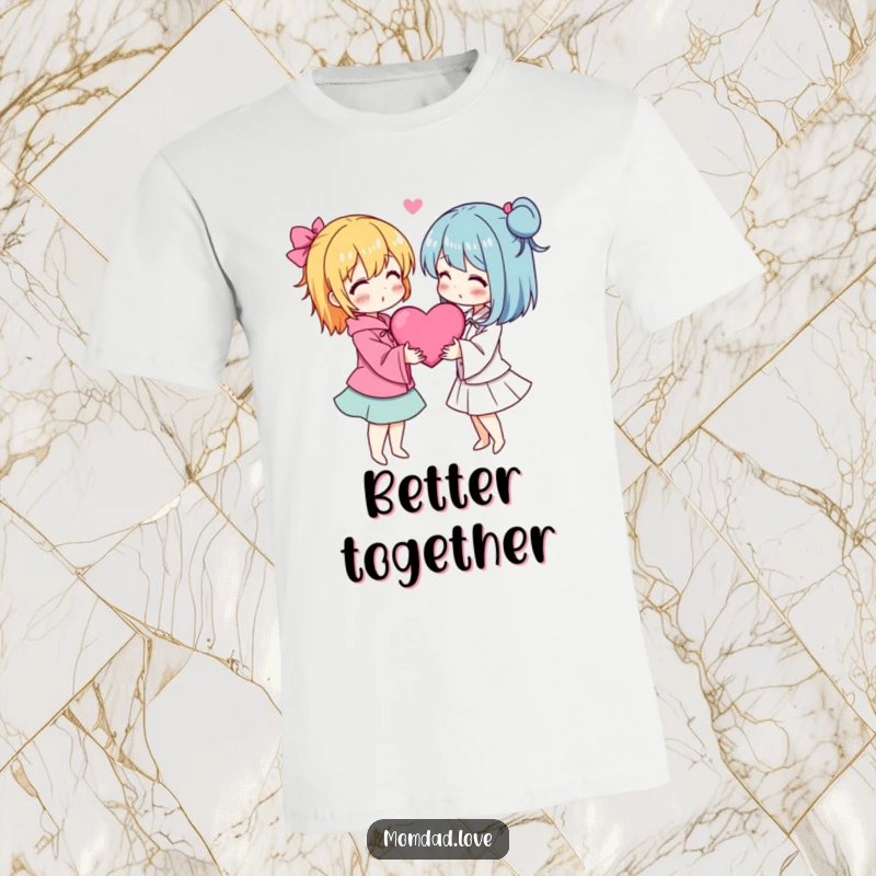 Funny anime t-shirt featuring two characters with arms around each other and hearts, celebrating love.