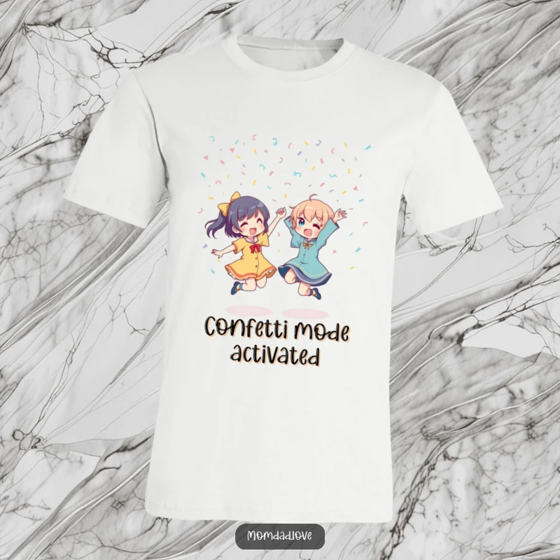Funny T-Shirt: Two anime characters energetically dancing under a confetti explosion, radiating happiness and a festive party mood.