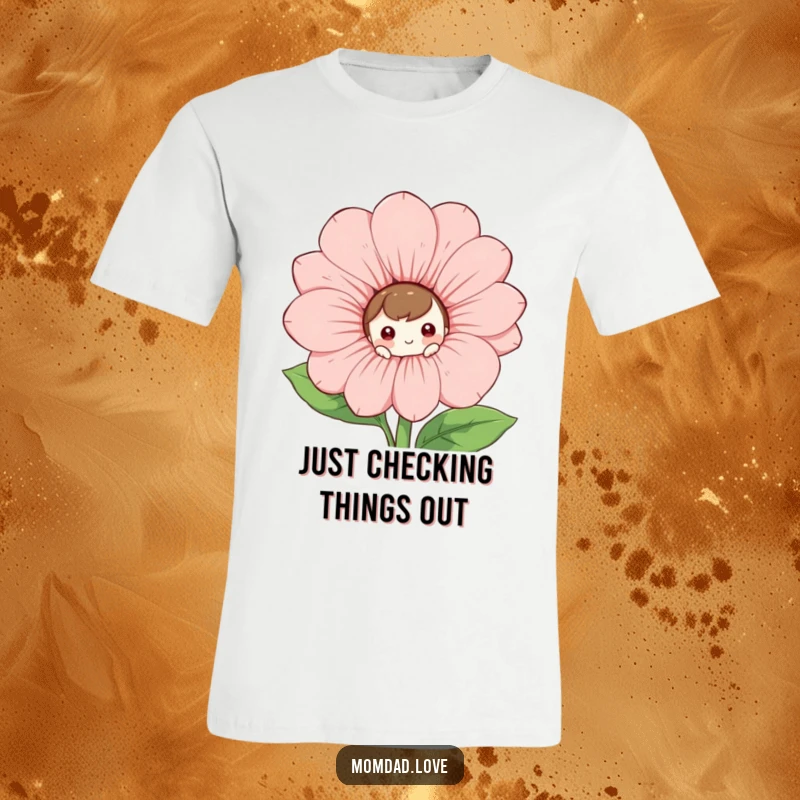 Funny T-Shirt: A curious character's face emerges from behind a huge, beaming flower, full of mischief.