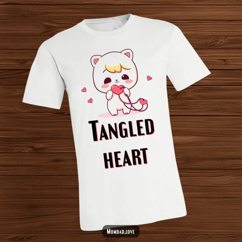 Funny T-Shirt: Adorable kawaii character comically presenting a hopelessly tangled heart string, symbolizing quirky affection.