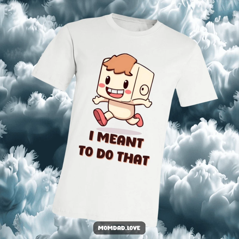 Funny T-Shirt of a blocky character with a big grin, humorously stumbling mid-run.