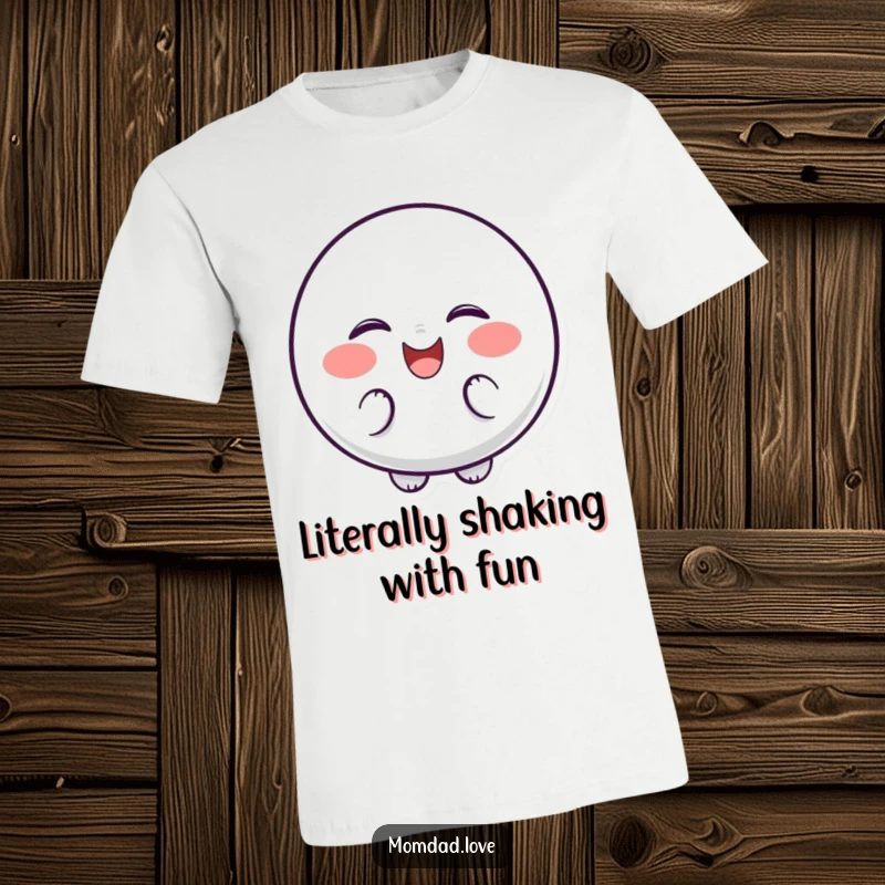 Funny T-Shirt of a bubbly character with dots on cheeks, shaking with laughter and giggling.
