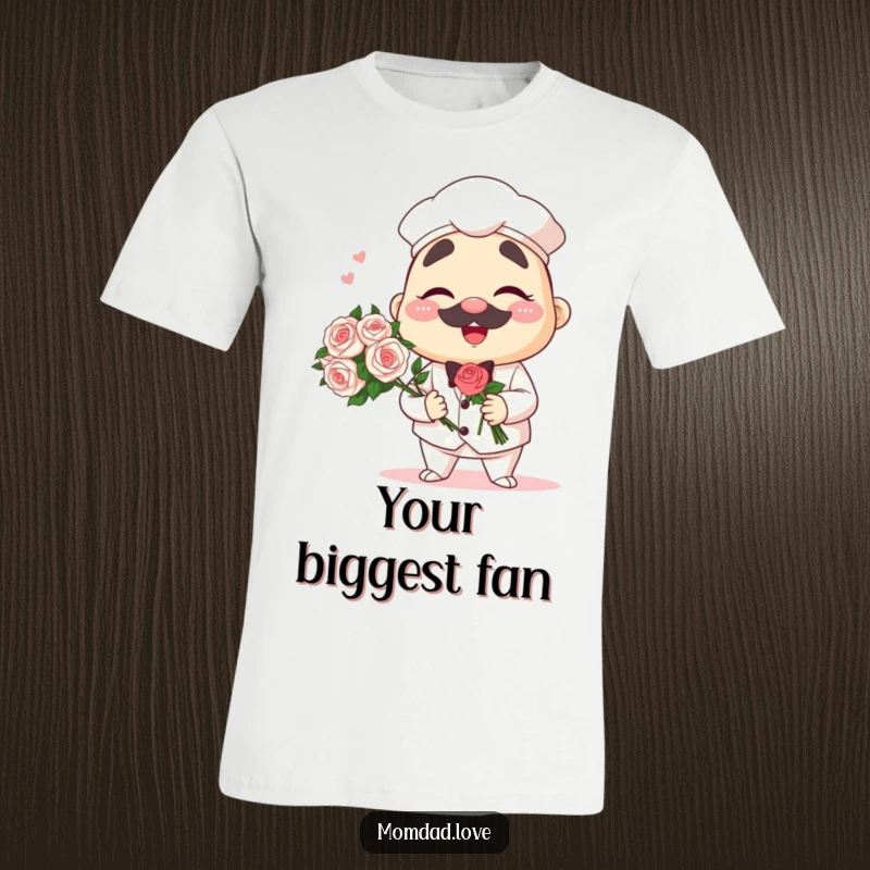Funny anime t-shirt of a winking dad character holding a bouquet, stylish and humorous apparel.