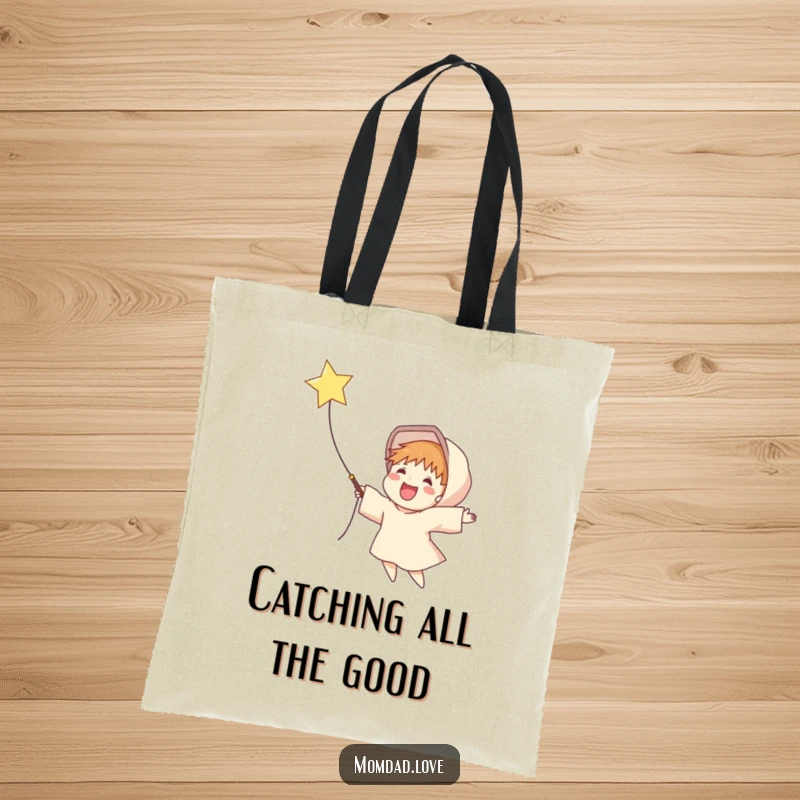 Funny tote bag featuring a delighted figure with an outstretched net, catching a falling, sparkling star, symbolizing aspirations.