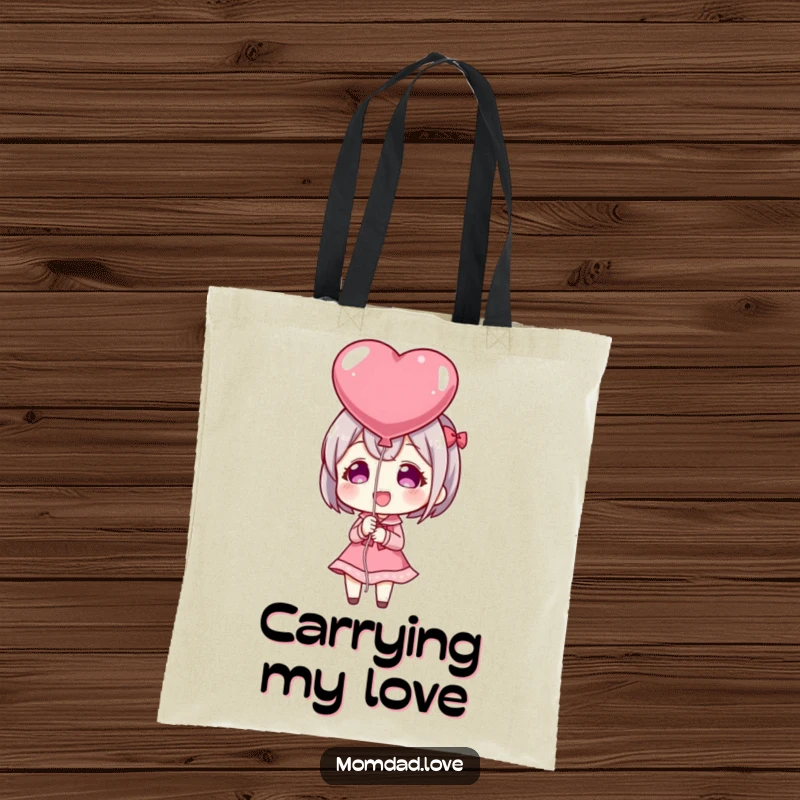 Funny Tote Bag: Anime character happily presenting a heart-shaped balloon, perfect for carrying gifts and love.