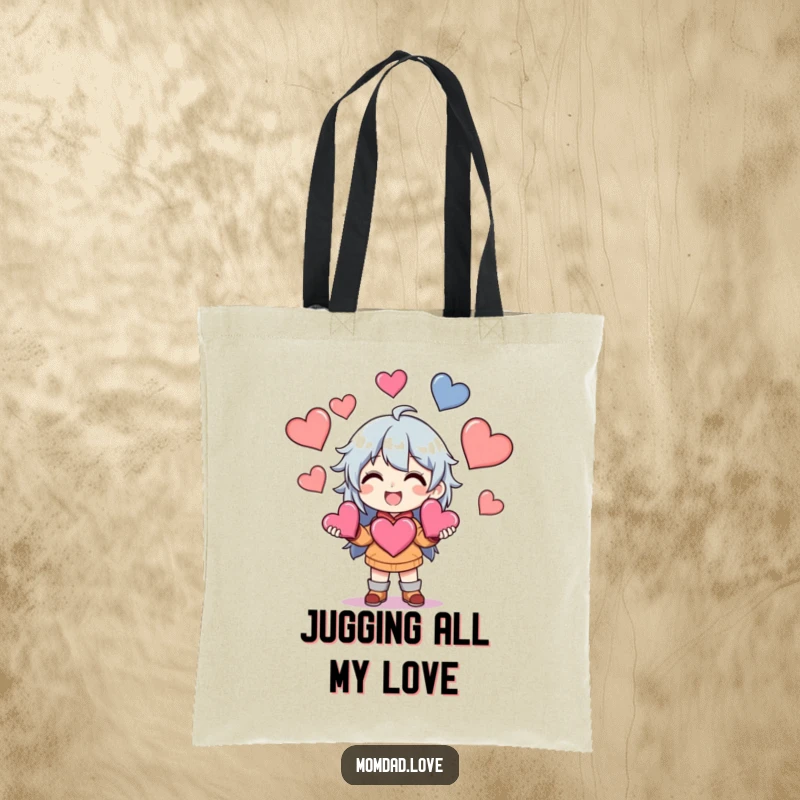 Funny Tote Bag with an anime character grinning, juggling multiple hearts, adding a touch of playful romance to your day.