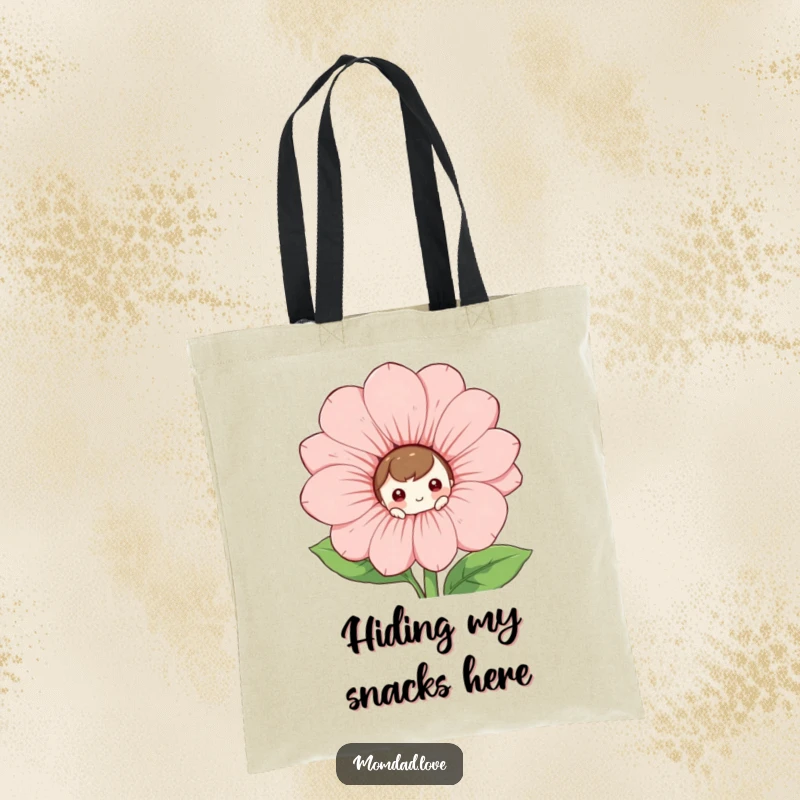 Funny Tote Bag: A curious character peeks playfully from behind a large, smiling flower, creating a fun scene.