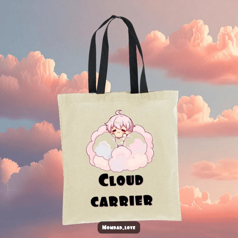 Funny Tote Bag: Character falling into a pile of clouds, perfect for carrying essentials with a dreamy vibe.