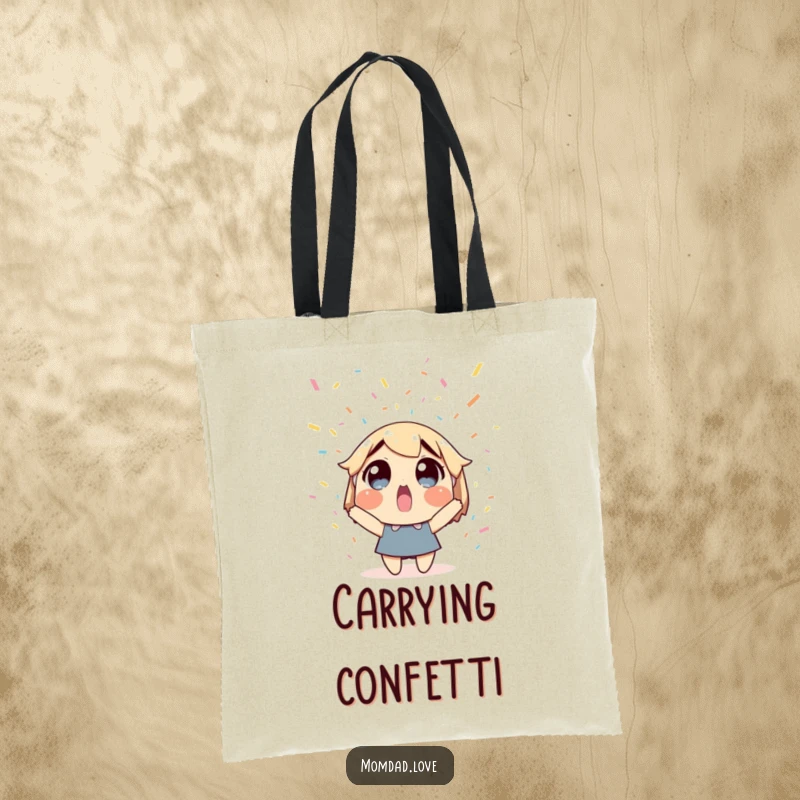 Funny tote bag with a surprised character under falling confetti, perfect for party essentials. Humorous gift.