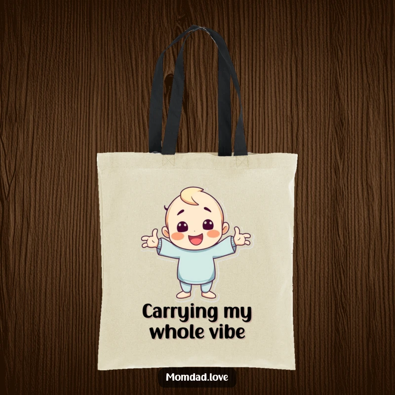Funny tote bag showcasing a cheerful character in a dramatic, goofy pose with arms wide open, ready for anything.