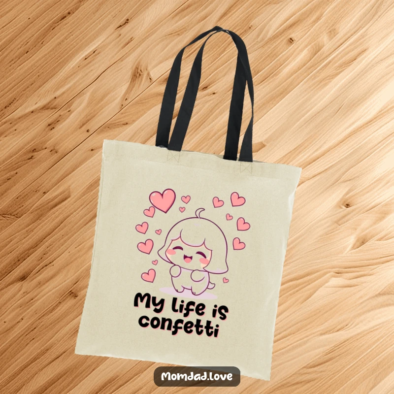 Funny kawaii character giggling as a flurry of hearts descends, a charming and humorous tote bag for daily use.