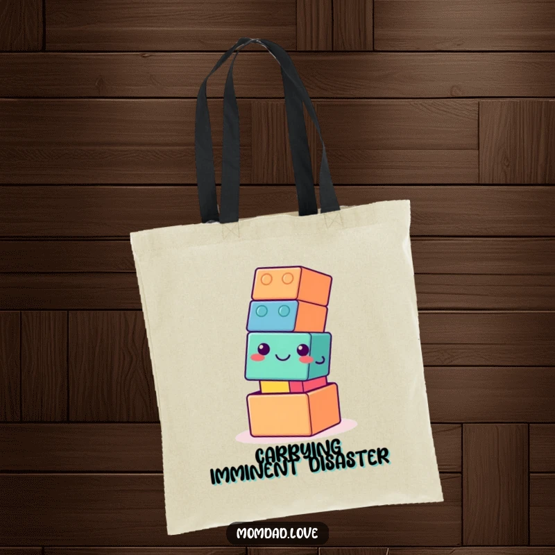 Funny tote bag with a wobbly building block tower, smiling as it tips over, symbolizing lighthearted fun and practical humor.