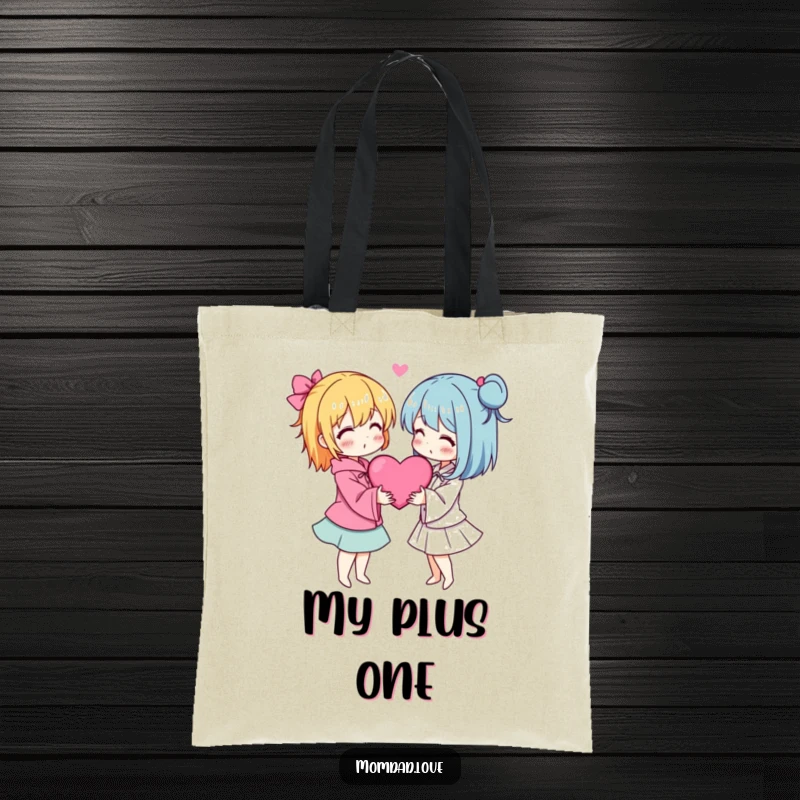Funny anime tote bag with two characters embracing with hearts, symbolizing love and partnership.